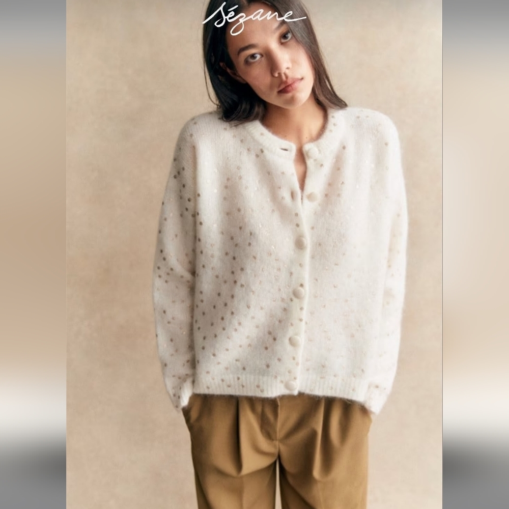 SÉZANE Talitha Kid Mohair Cardigan In Ecru Champagne Dots NWOT XXS Runs Large - Picture 4 of 13